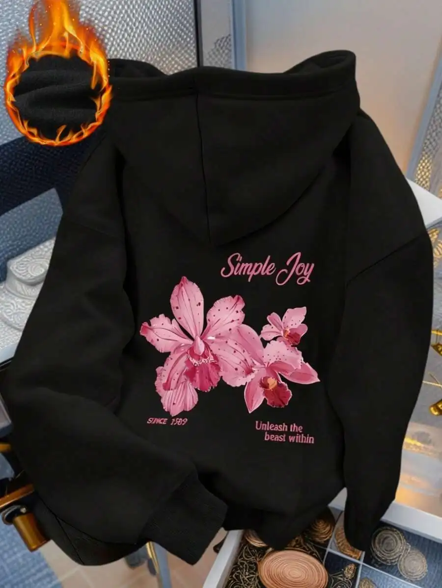 Women's Floral Print Long Sleeve Drawstring Hooded Sweatshirt With Pockets, Casual Loose Versatile Holiday Style Top, Fashionable Winter Clothing, Suitable For Daily Wear White Spring