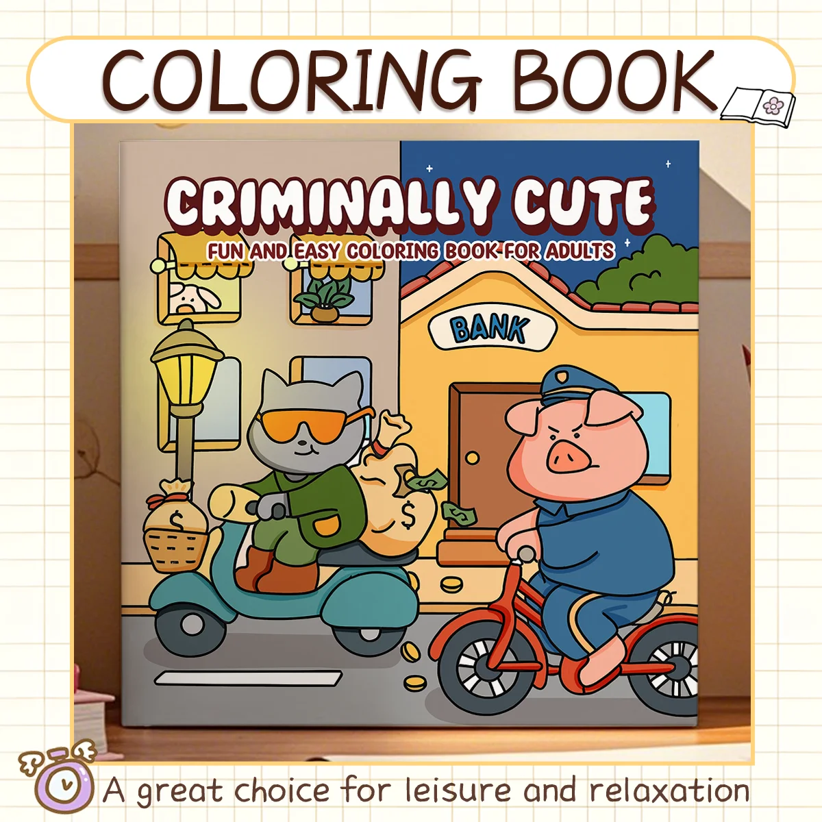 CRIMINALLY CUTE FUN E FACILE Libro da colorare per studenti, adolescenti e adulti, quaderno per schizzi che raffigurano varie scene di crimine