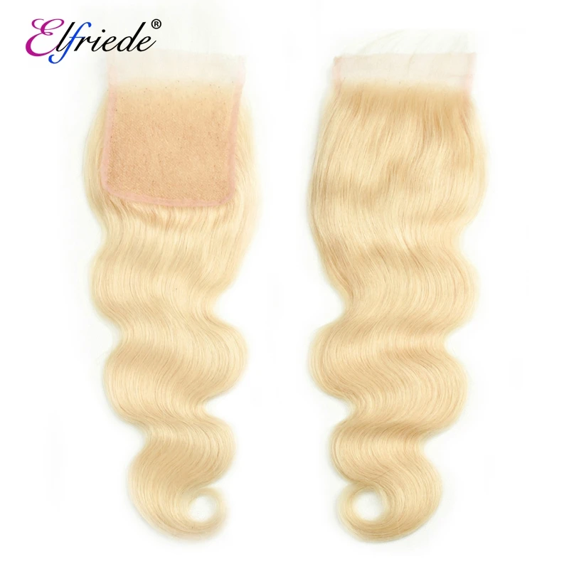 Elfriede #613 Blonde Body Wave Bundles with Closure Brazilian Remy Human Hair Weave 3 Bundles with 4X4 Transparent Lace Closure