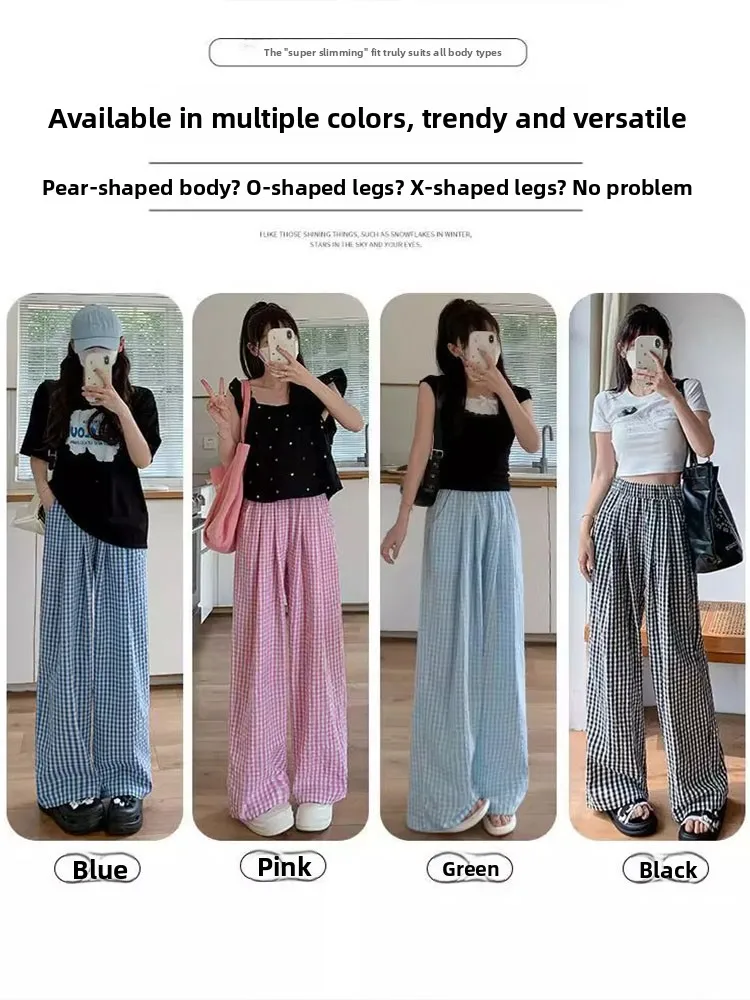 plus Size Plaid Wide Leg Pants High Waist Straight Cut Thin Summer Casual Trousers for Women Korean Style Loose Fit Long Pants