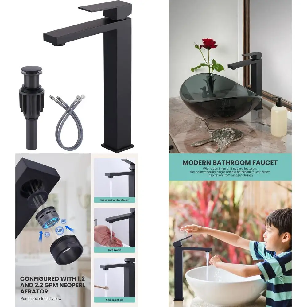 

Matte Black Single Handle Tall Bathroom Sink Faucet with Pop-Up Drain and Supply Lines