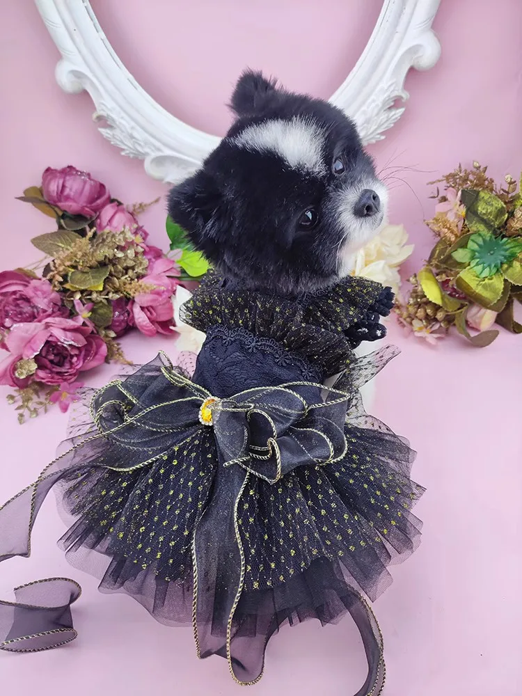 Handmade Dog Clothes Pet Supplies Black Golden Tulle Trailing Dress Gem Bow 2 Options Evening Party Festival Apparel Fur Baby