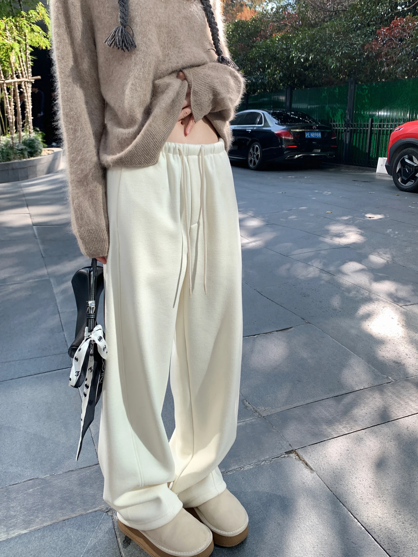 

Blue Fce Lined Thiened Loose Wide Leg Elastic Waist Casual Pants Straight Cut Winter Sweatpants Women's Leisure Trousers