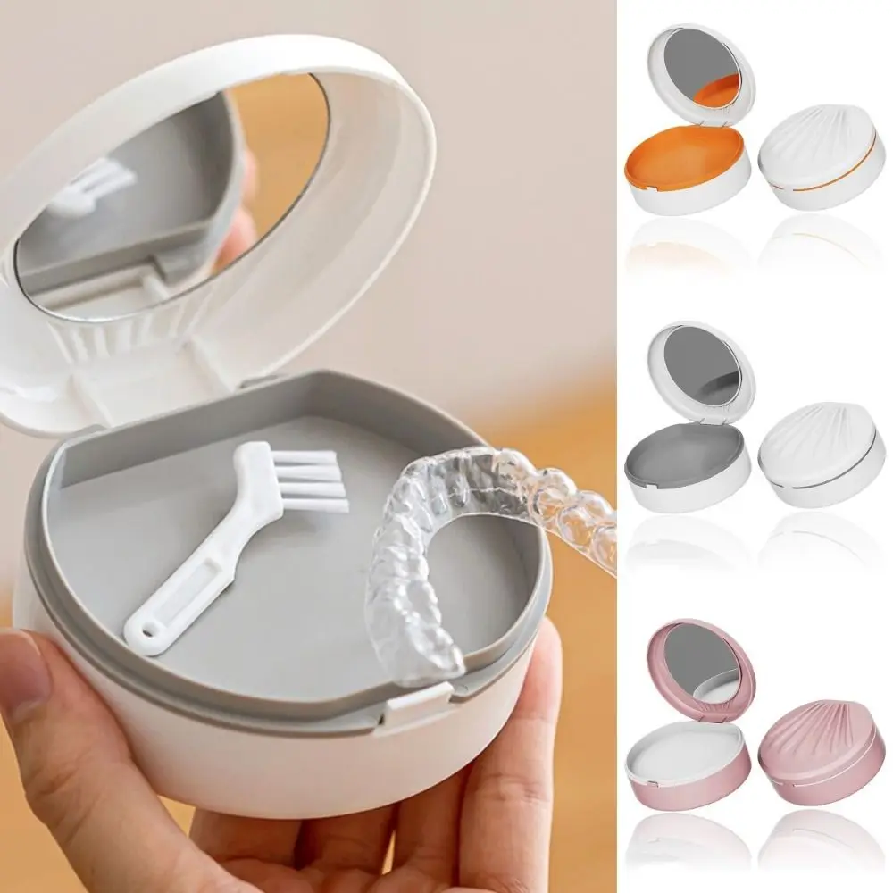 

Double Layer Orthodontic Retainer Case Shell Shaped Mouthguard Denture Bath Storage Box Sealed with Mirror False Teeth Box