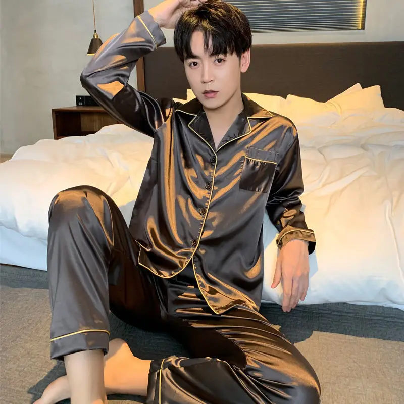 

Men Pajamas Set Winter Sleepwear For Man Shirt Long Sleeve Pijama Male Silk Satin Sleeping Home Night Wear Big Size Loungewear