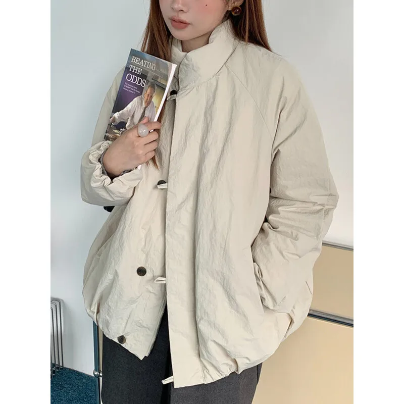 YERMORA البيج سستة جيب موجز عادية أسفل معطف للنساء الوقوف طوق كم طويل فضفاض جديد سترة موضة المد شتاء 2025