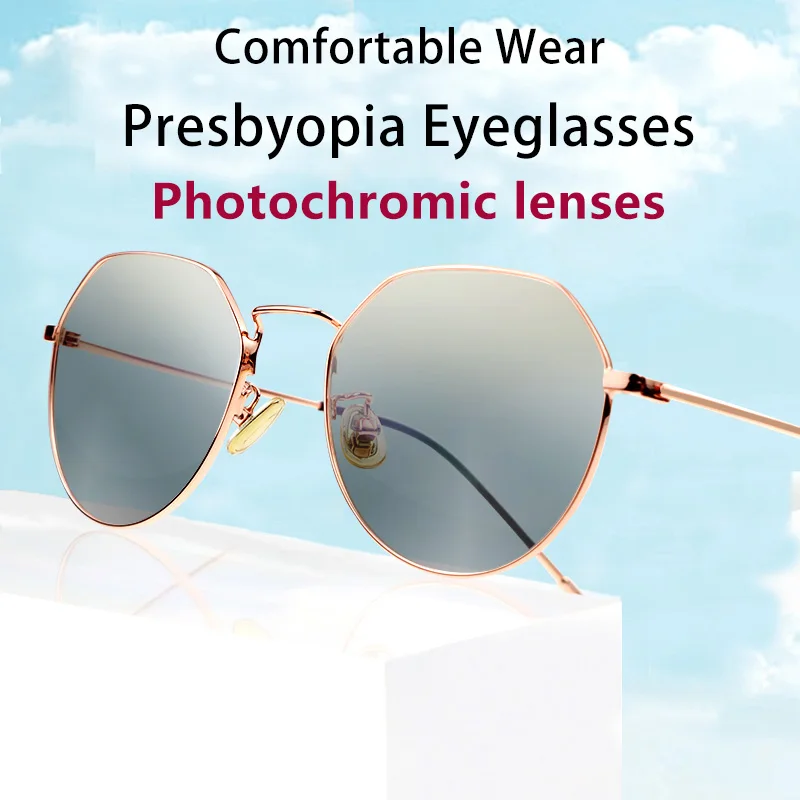 

Photochromic Anti Glare Reading Glasses for Women, Spectacles With Gold Wire Frames Tinted Eyeglasses, Presbyopic Glasses