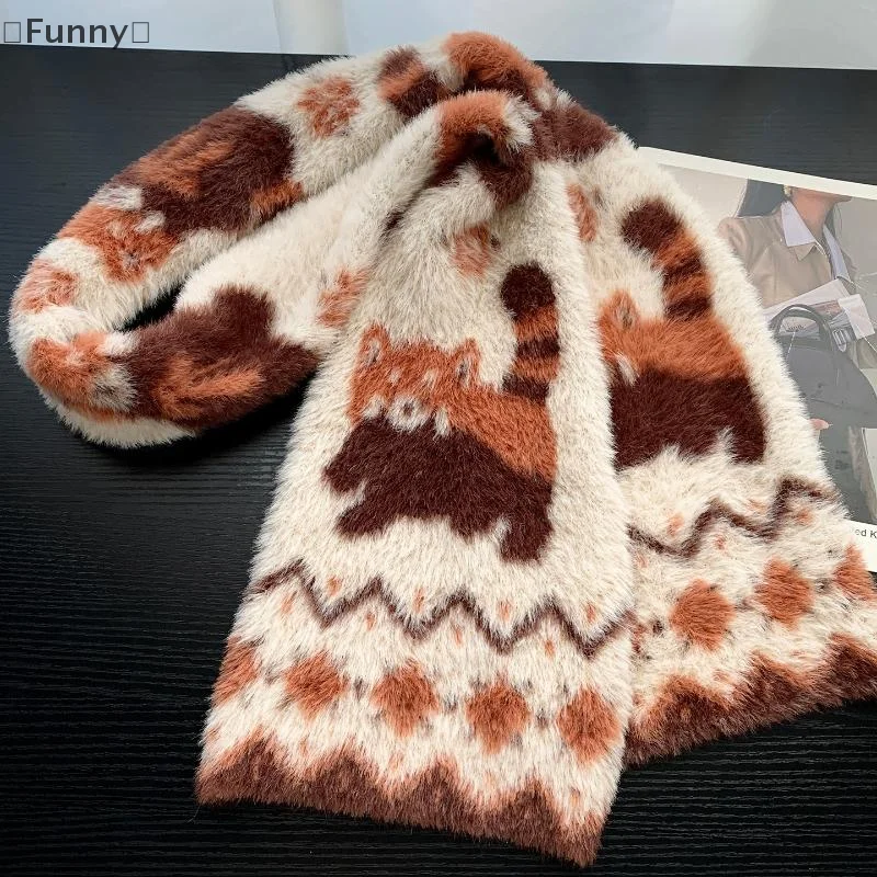 [مضحك] وشاح منقوش على شكل راكون بني كرتوني محبوك من فرو المنك الصناعي ناعم ومريح للنساء أوشحة شتوية دافئة