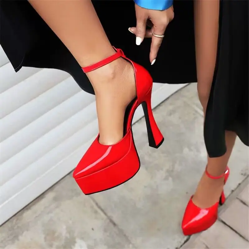 2023 High Quality Female Sandals Spring and Summer Fashion Thick High Heels Thick Soled Buckle Belt Pointy Walking Party Shoes