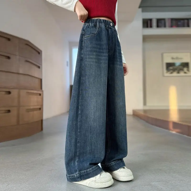 Girls Wide Leg Jeans 2025 Spring Autumn Fashion Children\'s Casual Denim Pants Kids Retro Design Straight Leg Baggy Trousers
