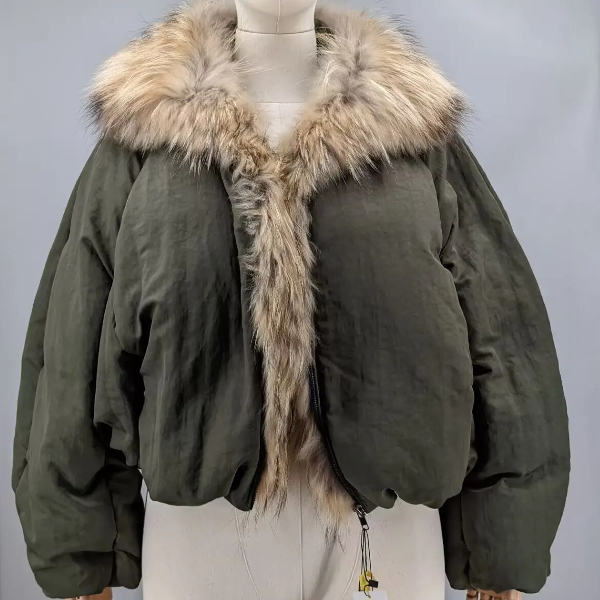 Women Olive Green Pumpkin Puffer Short Down Jacket Real Raccoon Fur Full Front Placket Collar Loose Drawstring Hem Light Outwear