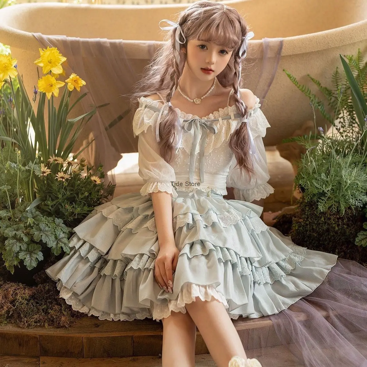 Verão Diário Bonito Lolita Split Vestido, Saia De Bolo SK De Três Camadas, Vestido Azul Kawaii, Bloomers, Nova Flor