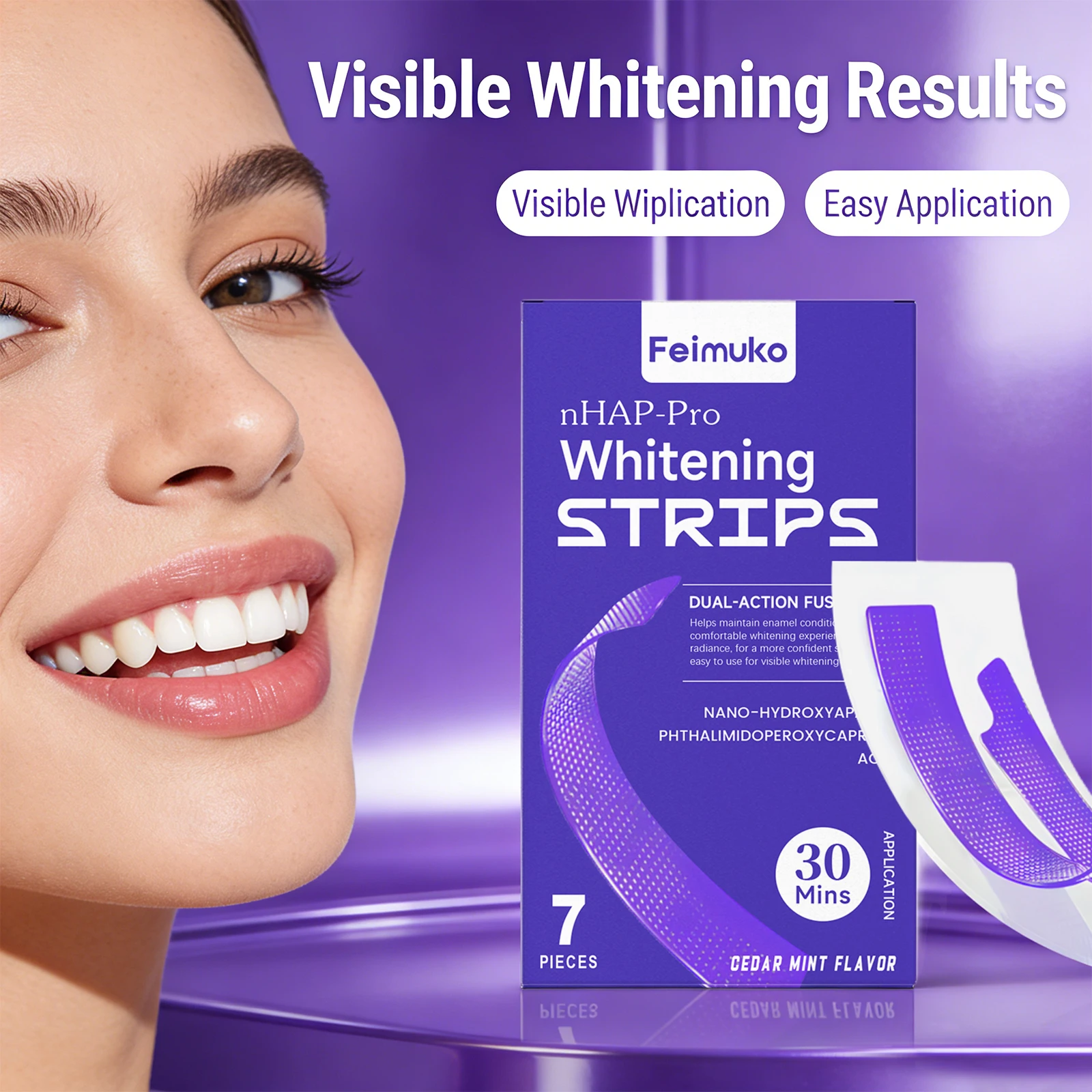 

Фиолетовые патчи для отбеливания зубов, осветлитель желтых зубов, удаляют пятна от курения, кофе, чая, отбеливающая лента, наклейки для зубов, 7 шт.