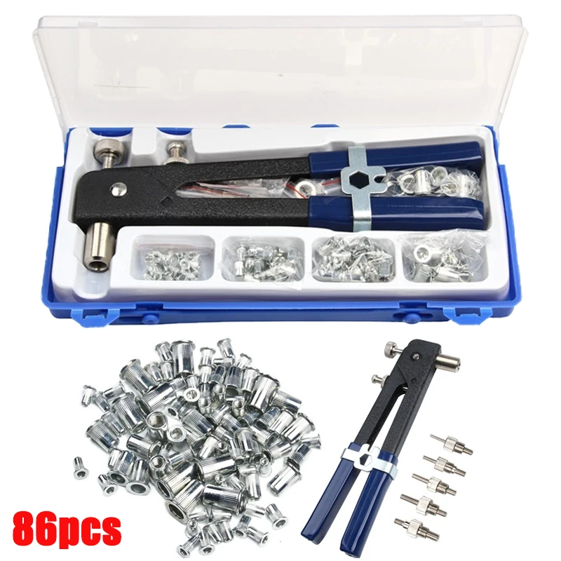 

86pcs Blind Rivet Gun Heavy Duty Nut Threaded Insert Hand Riveting Kit M3-M8 Rivet Nuts Nail Gun Household Repair Tools