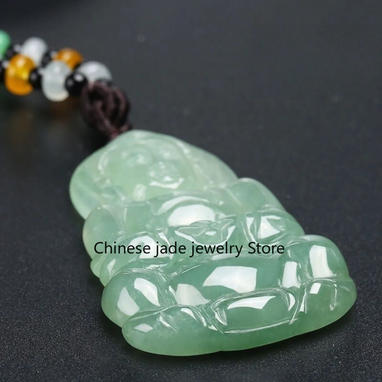 A Grade Myanmar Jade Guanyin Laughing Buddha Pendant Unisex Lucky Jade Necklace