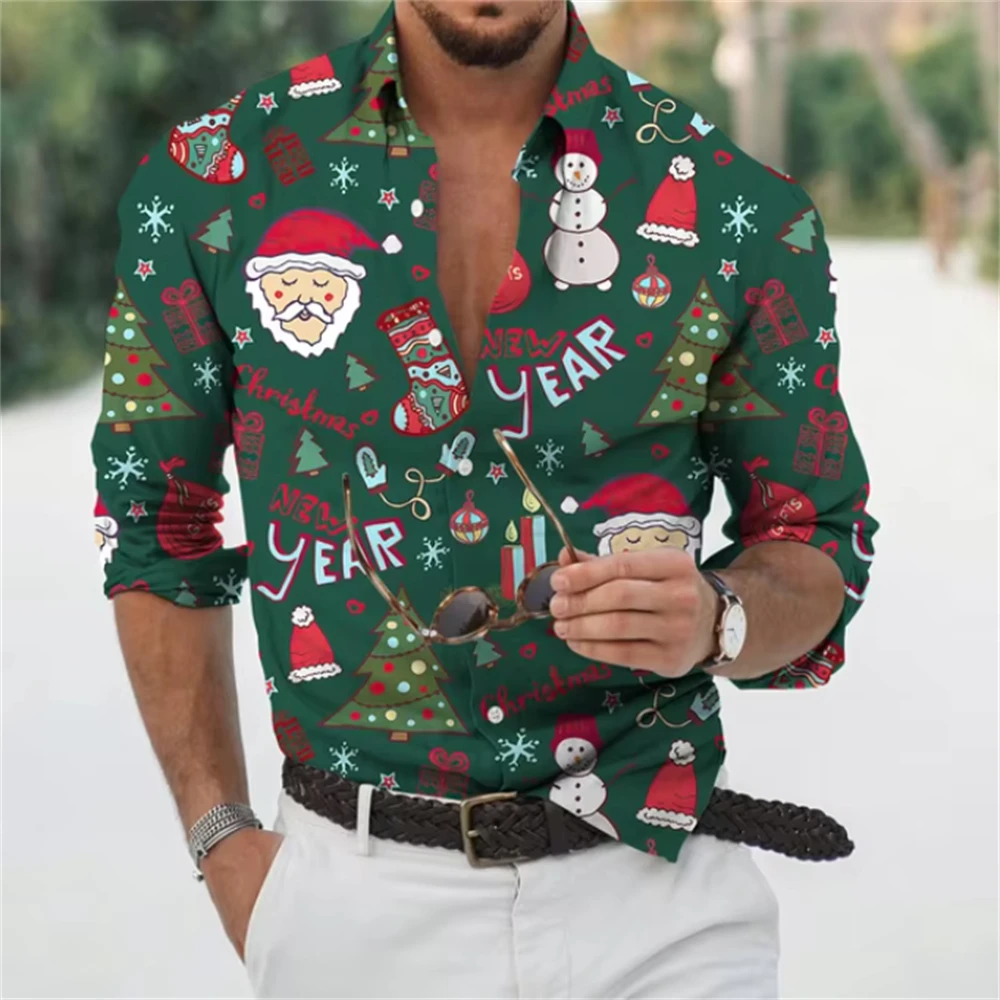 Camisas de manga larga para hombre, camisas navideñas de Año Nuevo, decoración de Año Nuevo, moda informal, ropa cómoda de gran tamaño para hombre