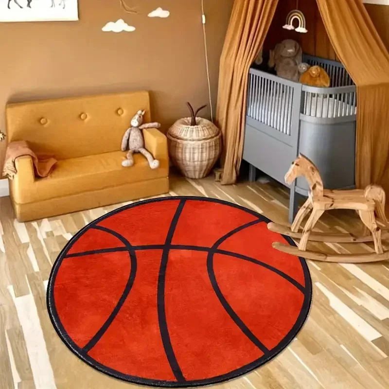 

Basketball Pattern Round Area Rug–Sport-Themed Carpet for Living Room or Boys Room–Non-Slip, Washable Floor Mat, Game Room Decor