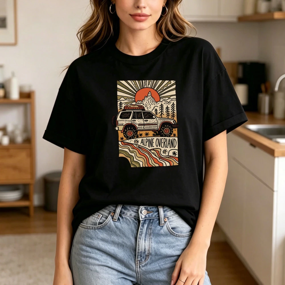 Alpine Overland Tee Retro Boho Off-Road Van Graphic T-Shirt Overlanding Lover Gift TShirt Women Crewneck Cotton Short Sleeve