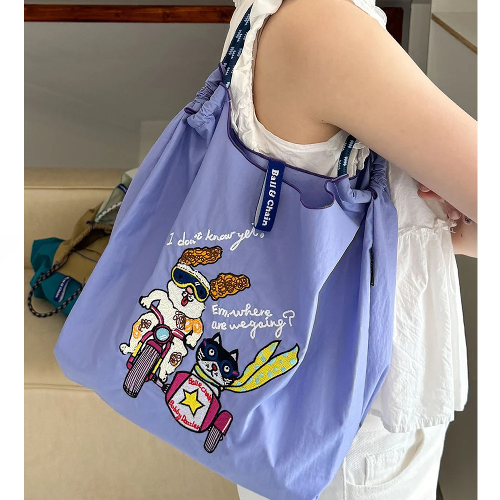 Large Capacity Eco Bag Nylon Tote Shoulder Bag Cartoon Embroidery Handbags Rope Handle Shopper Purses Drawstring Bags for Women