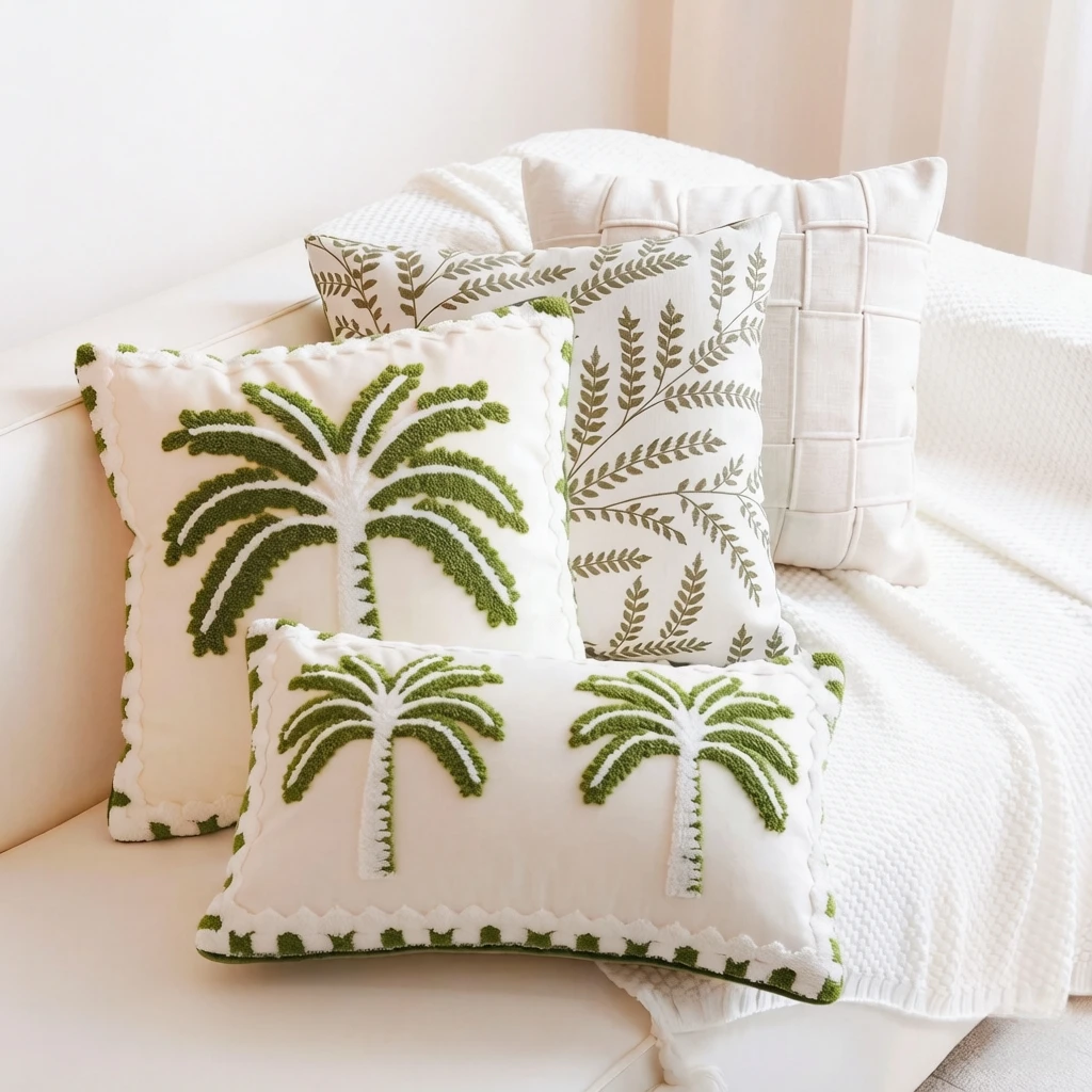 Coconut Tree Embroidery Cushion Case for Home Sofa Decoration Botanical Pattern Square Pillowcase 45x45cm 30x50cm Easy Washable
