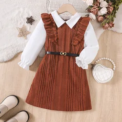 Kids Casual Shirt Dress For Girls Clothes Winter 2024 New Child Fashion Long Sleeve Ruffle Knitted Princess Dress with Belt