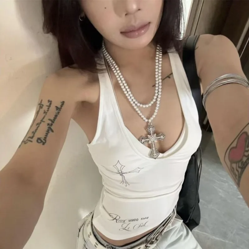 

Women's Sexy Hottie Camisole American Vintage Subculture White Halter Vest Harajuku Retro Cross Print Tanks Female Chic Slim Top