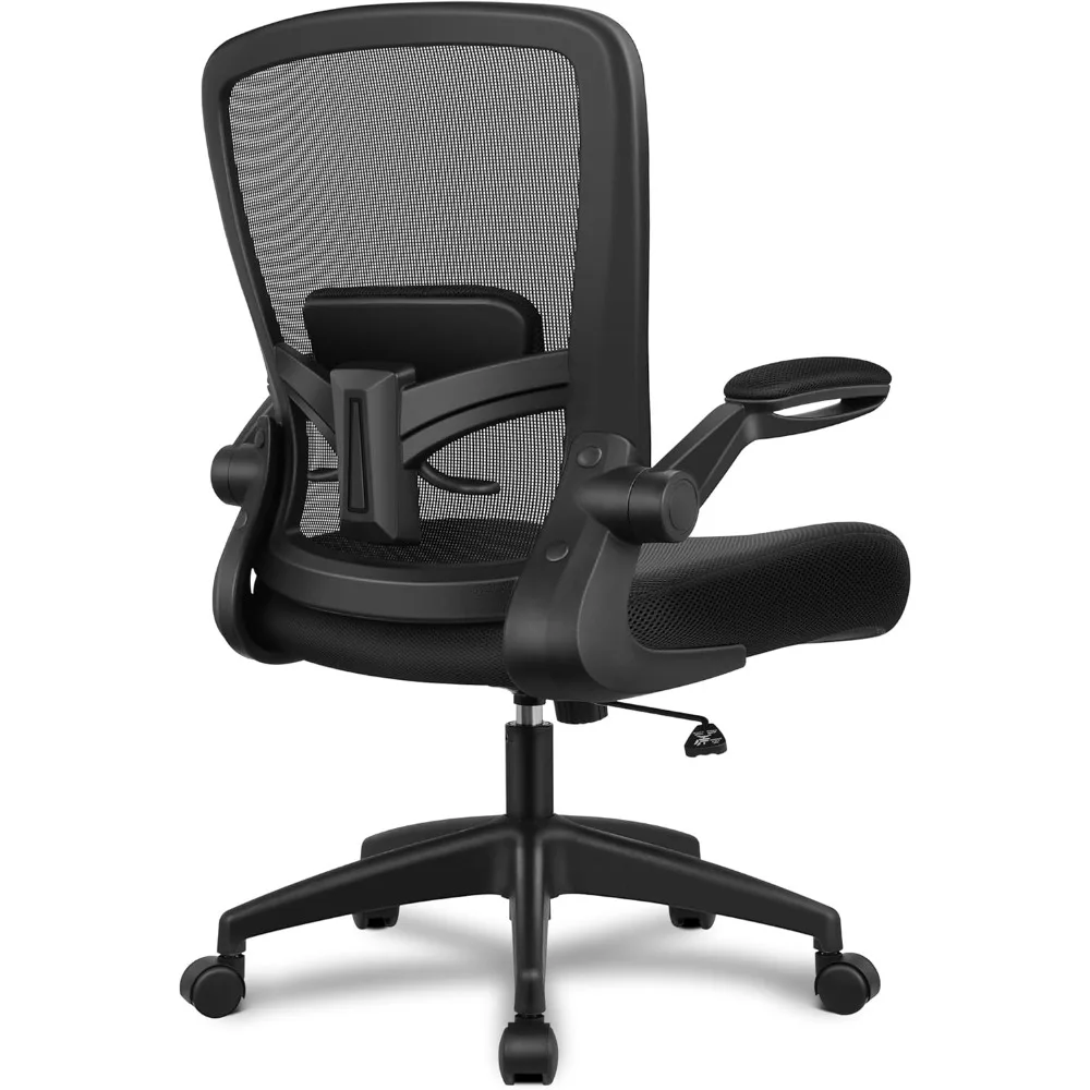 

An ergonomic office chair with an adjustable high backrest and lumbar support, a breathable mesh chair, and a foldable armrest