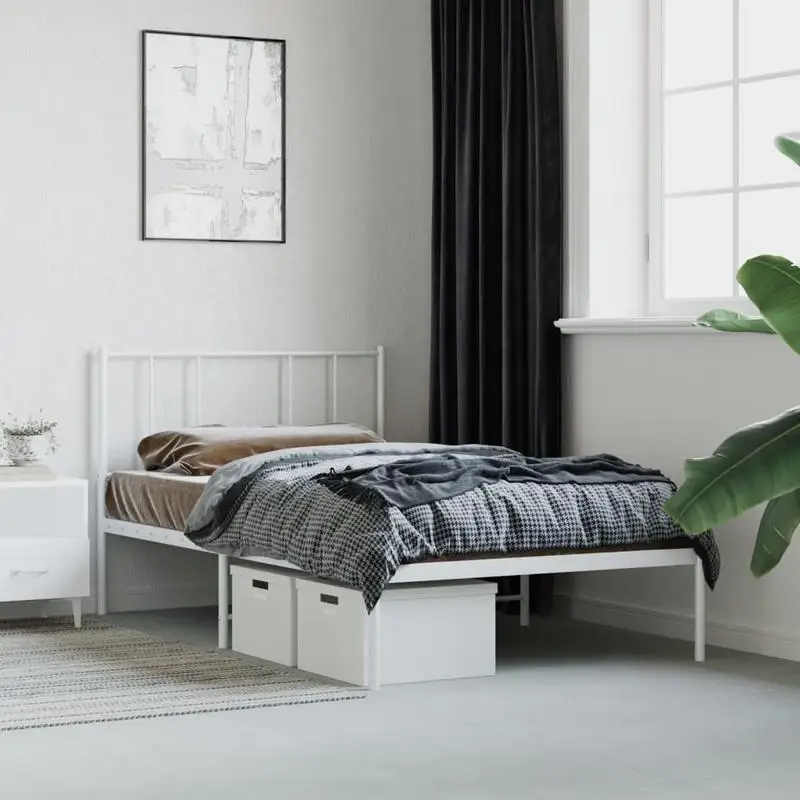 Cadre de lit en acier métallique blanc 90 x 200 cm avec tête de lit confortable, sommier à lattes métalliques, espace de rangement inférieur, design moderne élégant pour chambre familiale