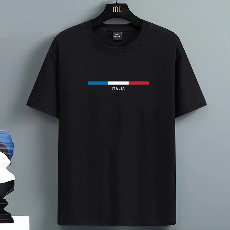 

Men's summer 100 cotton fashionable casual loose plus size ITALIA pattern printed sports round neck short sleeved T-shirt top