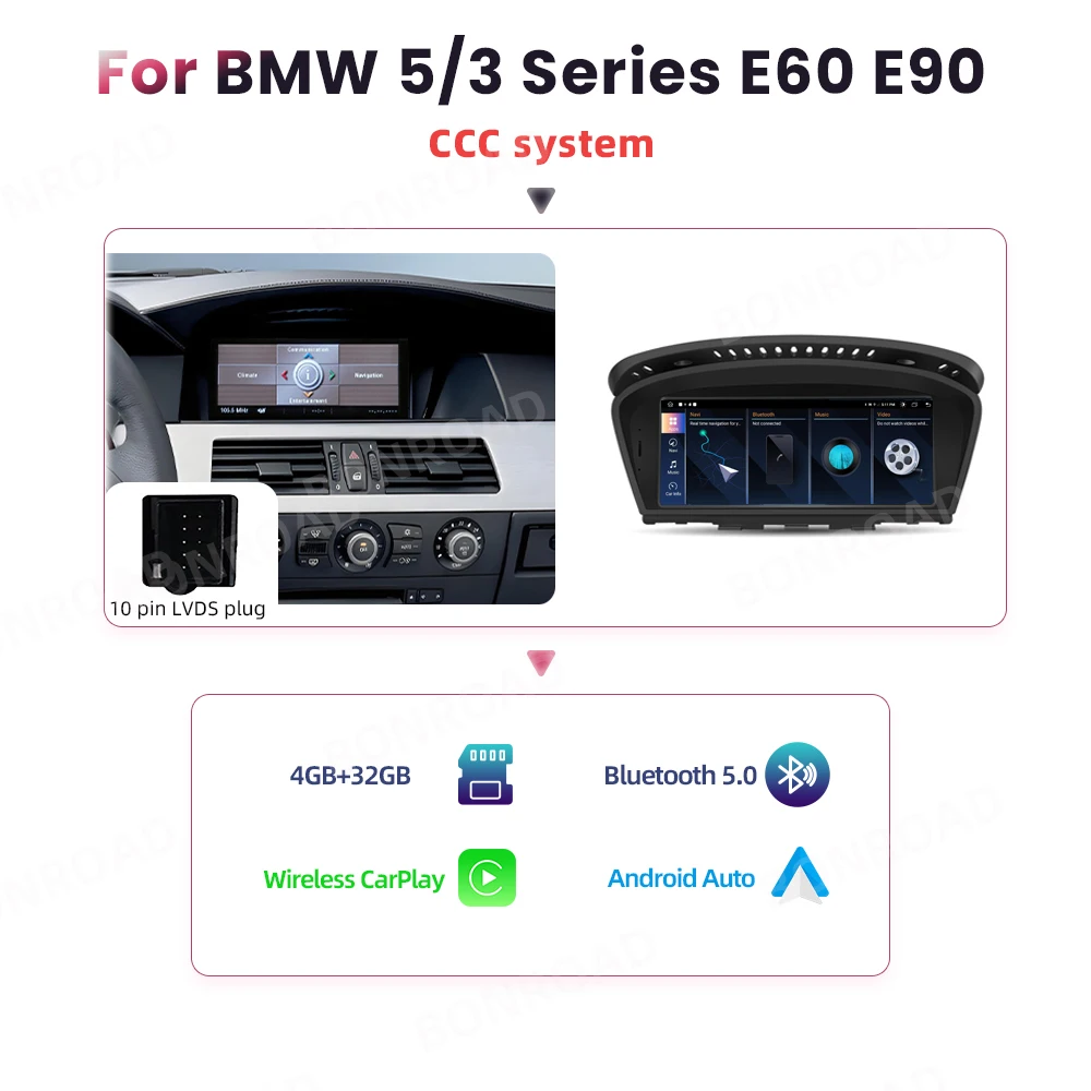 BONROAD Draadloze Carplay Touchscreen Voor BMW 3 5-serie E60 E61 E62 E63 E90 E91 E92 Autoradio Multimedia Speler Stereo GPS