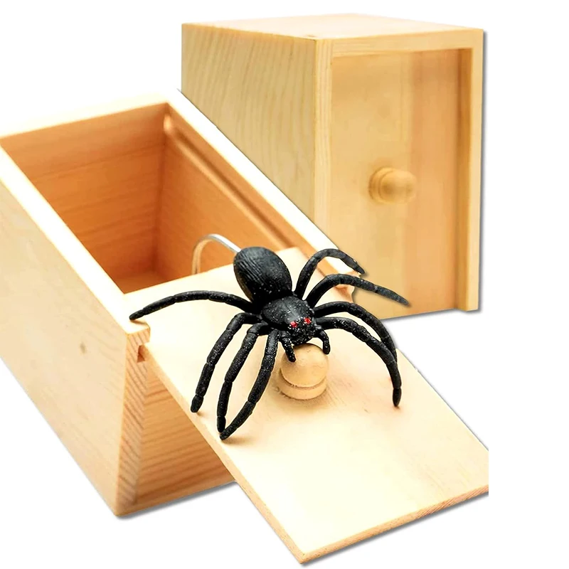 Mini Spider Prank Box Surprise Wooden Fun Joke Props Scare Spider Box Prank Toys for Kids Adults Halloween Party Decoration Gift