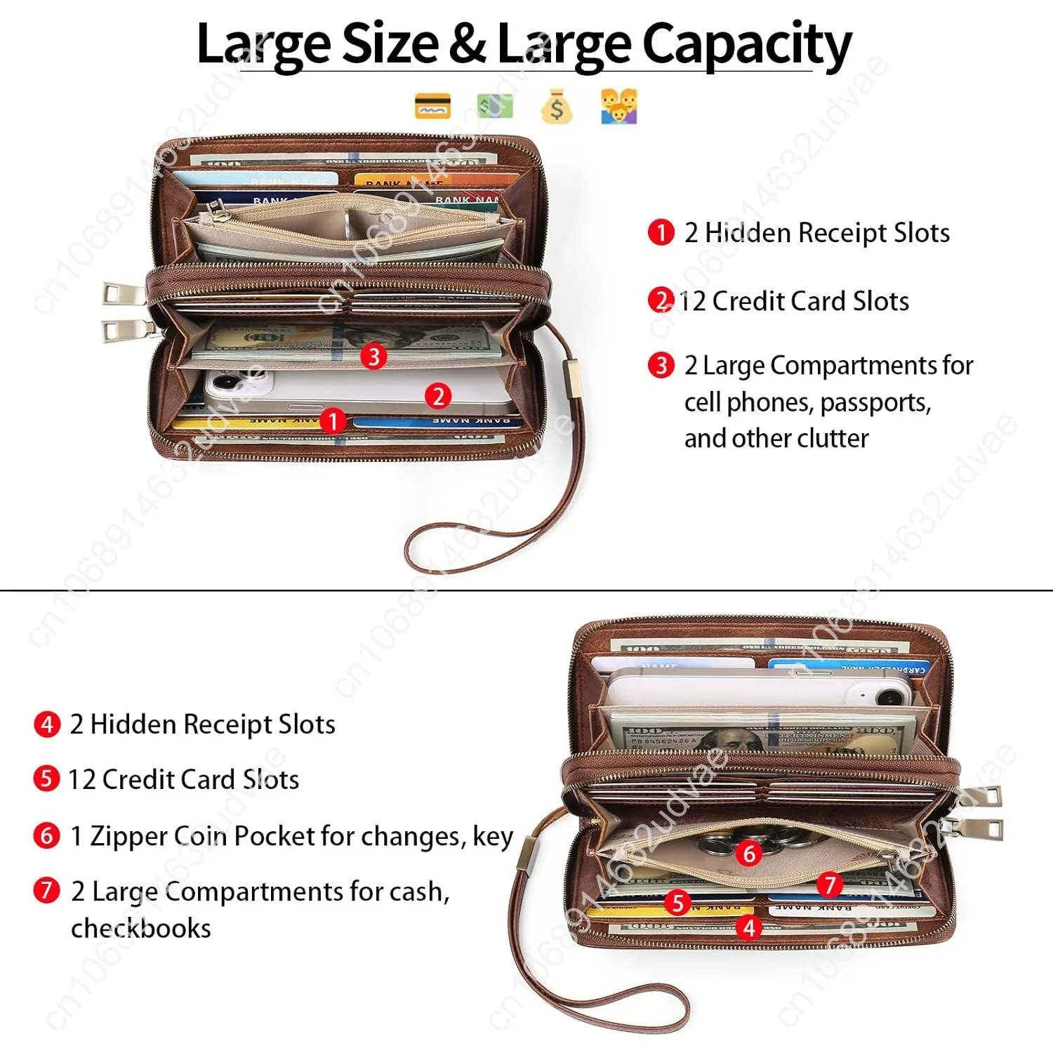 GAEKEAO Wallet for Women Clutch RFID Blocking Wristlet Leather Purse Large Capacity Credit Card Holder with Grip Hand Strap