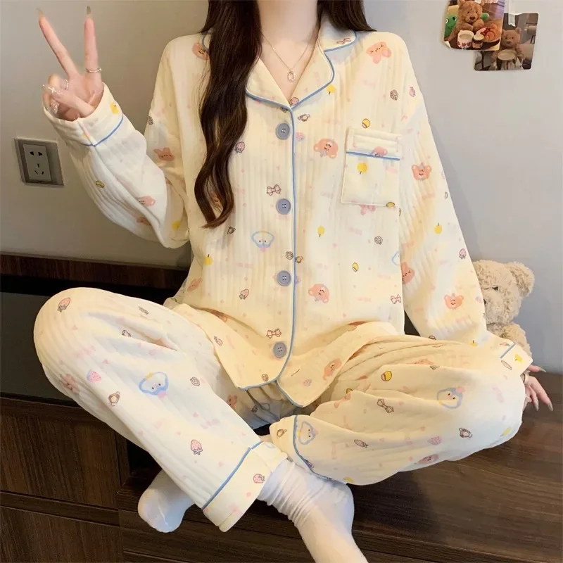 two-piece-set-ladies-pajamas-set-long-sleeved-cartoon-sweet-cute-print-cardigan-home-wear-simple-sleepwear-winter-autumn-new