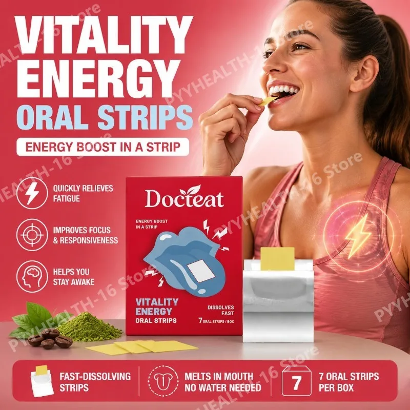 Docteat Energy Support Oral Strips with Caffeine L-Theanine Vitamin B3 B6 B12 Fast Dissolving Daily Nutrition Supplement 7 Count