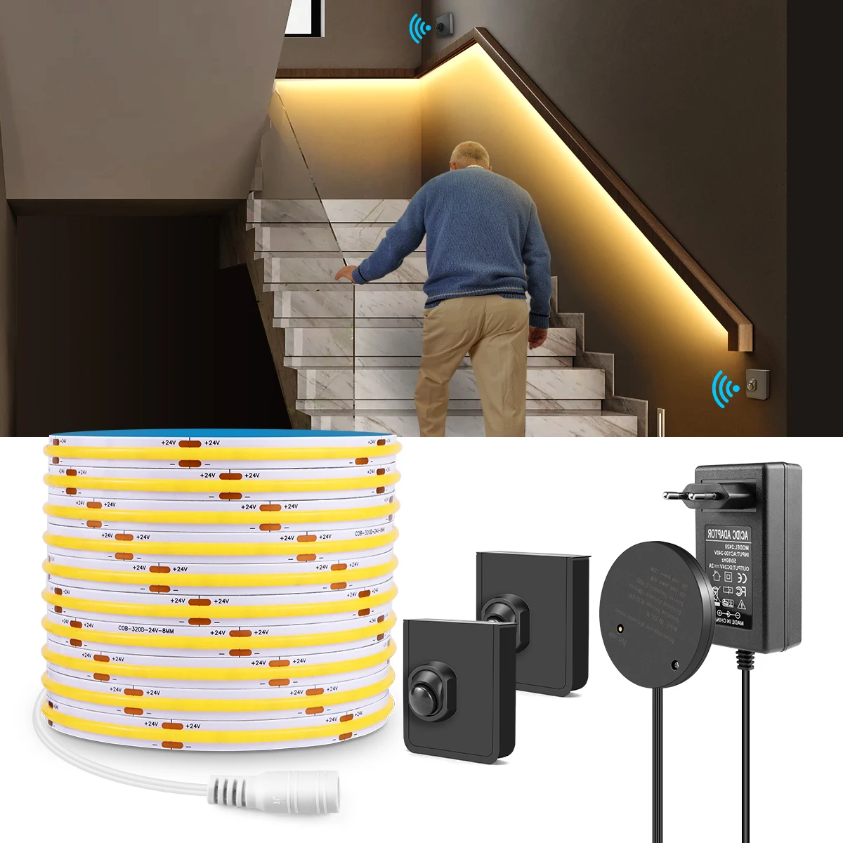 Motion Sensor Switch COB LED Strip Light With 2 Wireless RF Recievers For Home Kitchen Stairs Corridor Bathroom Bedside Lighting