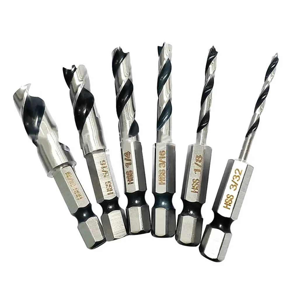 6Pcs Drill Bit HSS For Wood With 1/4Inch Change Hex 3/32 1/8 3/16 1/4 5/16 3/8  For Fast Cutting Tough Wood