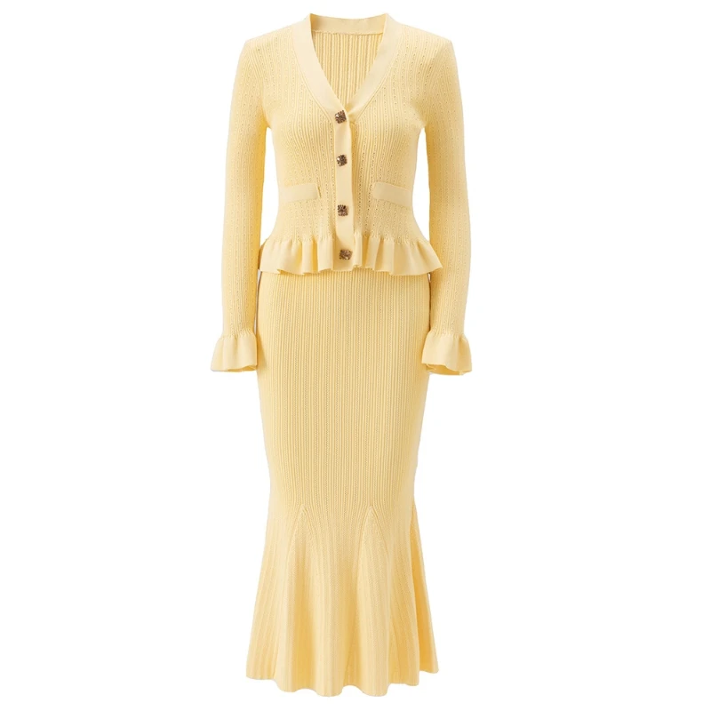 

Spring And Summer New Fashion Solid Color Knitted Elastic Button V-neck Long Sleeved Cardigan Slim Fit Fishtail Skirt Women's 2