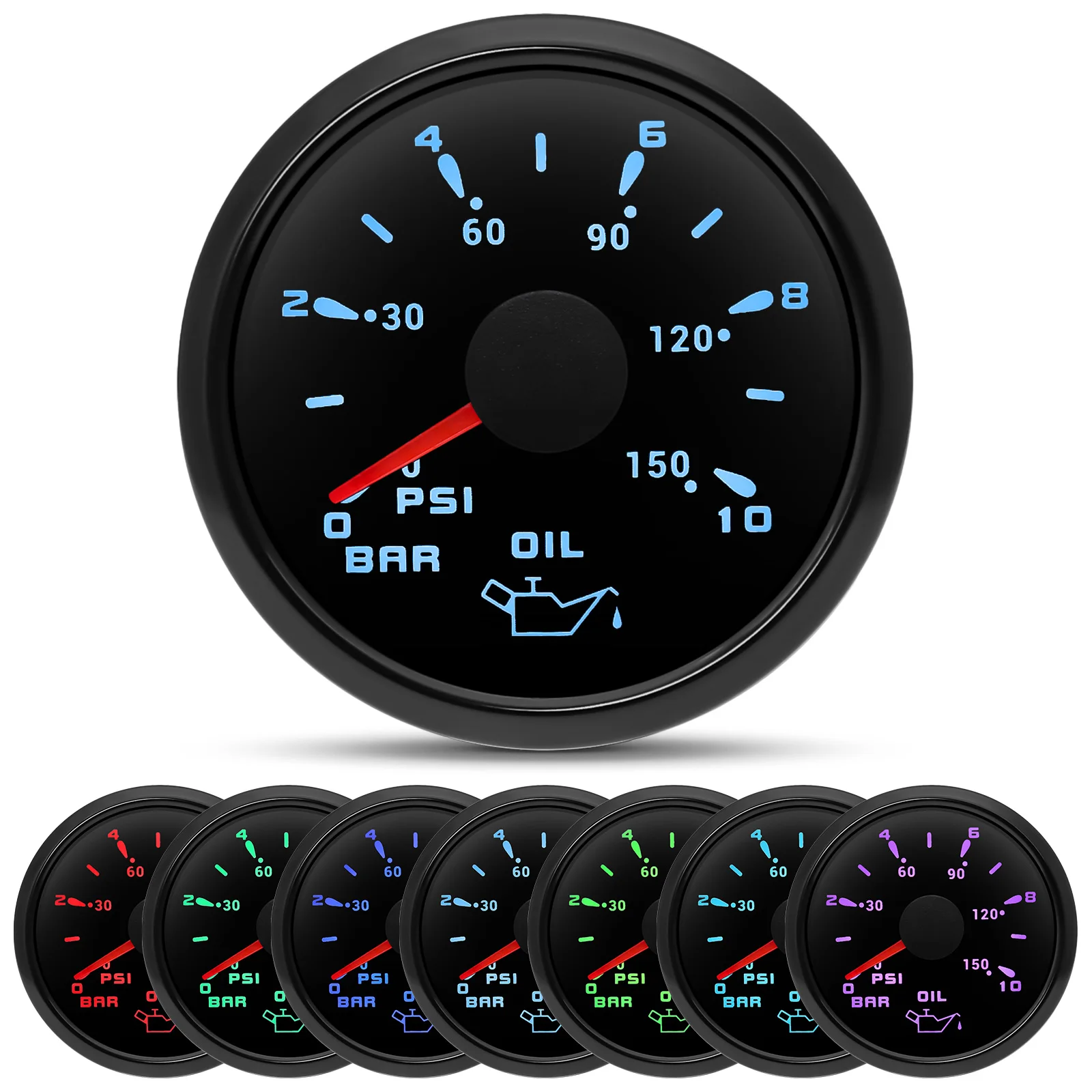 HD 52MM Pointer Oil Press Meter 7 Colors LED 0-10 Bar 0-150 PSI Oil Pressure Gauge NPT1/8 Pressure Sensor Pressure Measurement