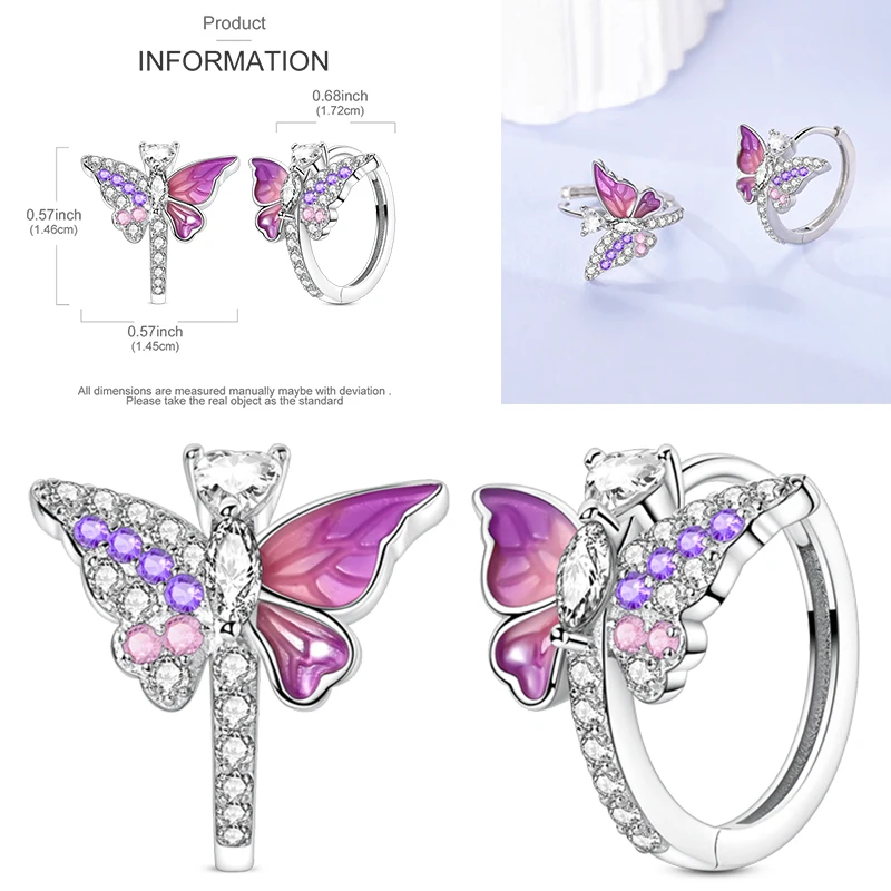 925 Sterling Silber Creolen Schmetterling Regenbogen Blume Tulpe Iris Lila Hängeohrringe Schmuck Geschenk für Frauen Mädchen – Detail 22