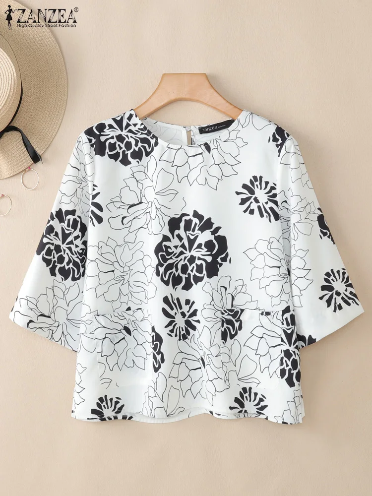 

Fashion Shirts ZANZEA Women Loose Blouse Vintage Print Tops Casual 3/4 Sleeve Round Neck 2025 Summer Pockets Ladies Blusas Mujer