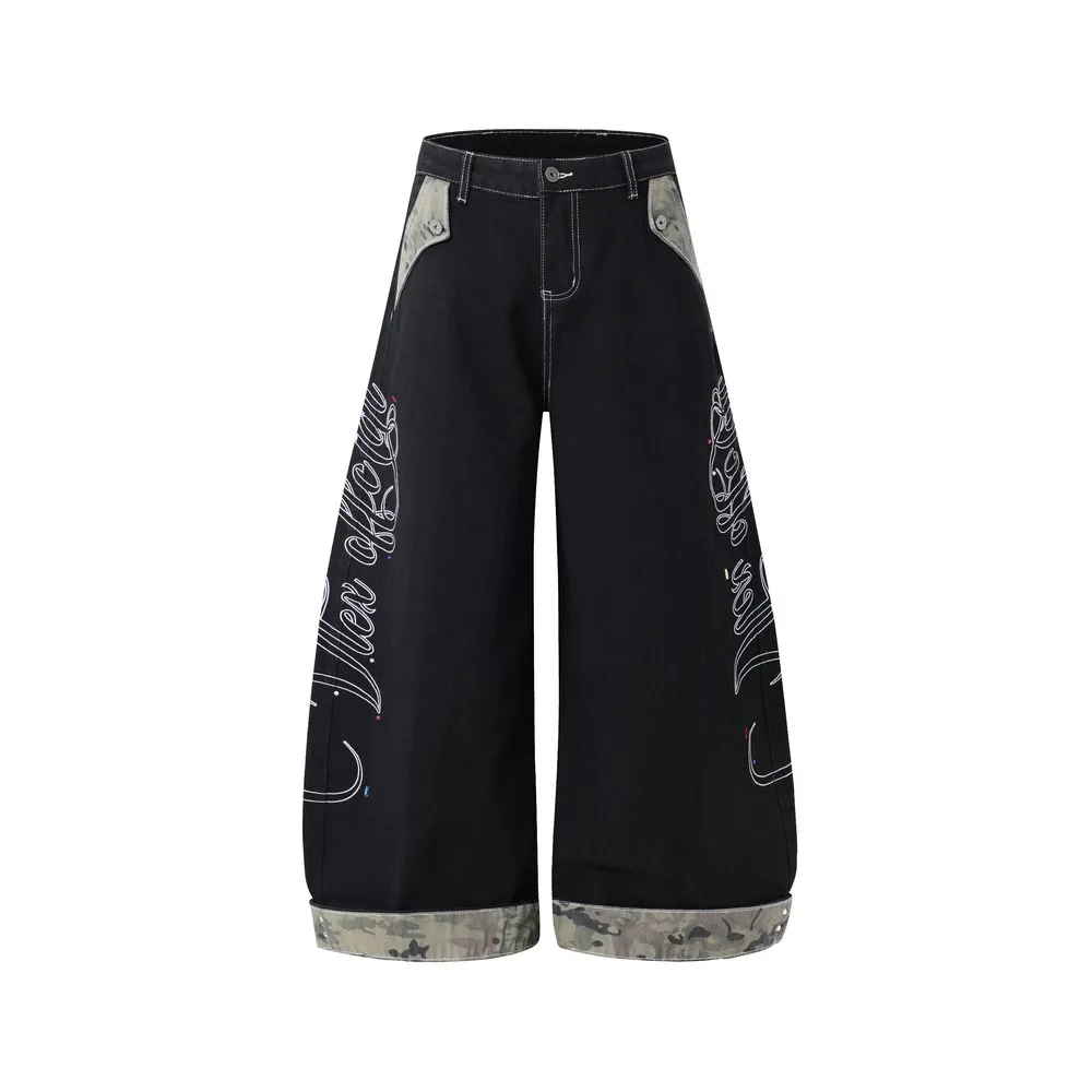 Embroidery Camouflage Patchwork Washed Retro Gothic Grunge Loose Wide Leg Women's Jeans Pants Trousers for Women Men Streetwear