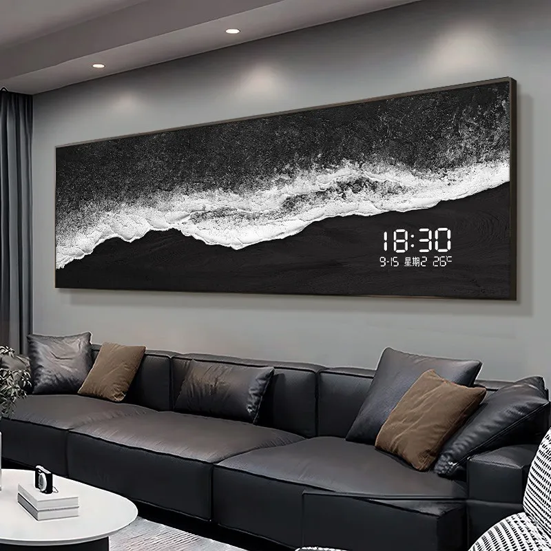 Modern Wave Living Room Led Decorative Painting Luxury Electronic Clock Entrance Room Sofa Background Wall Lamp Hanging Painting