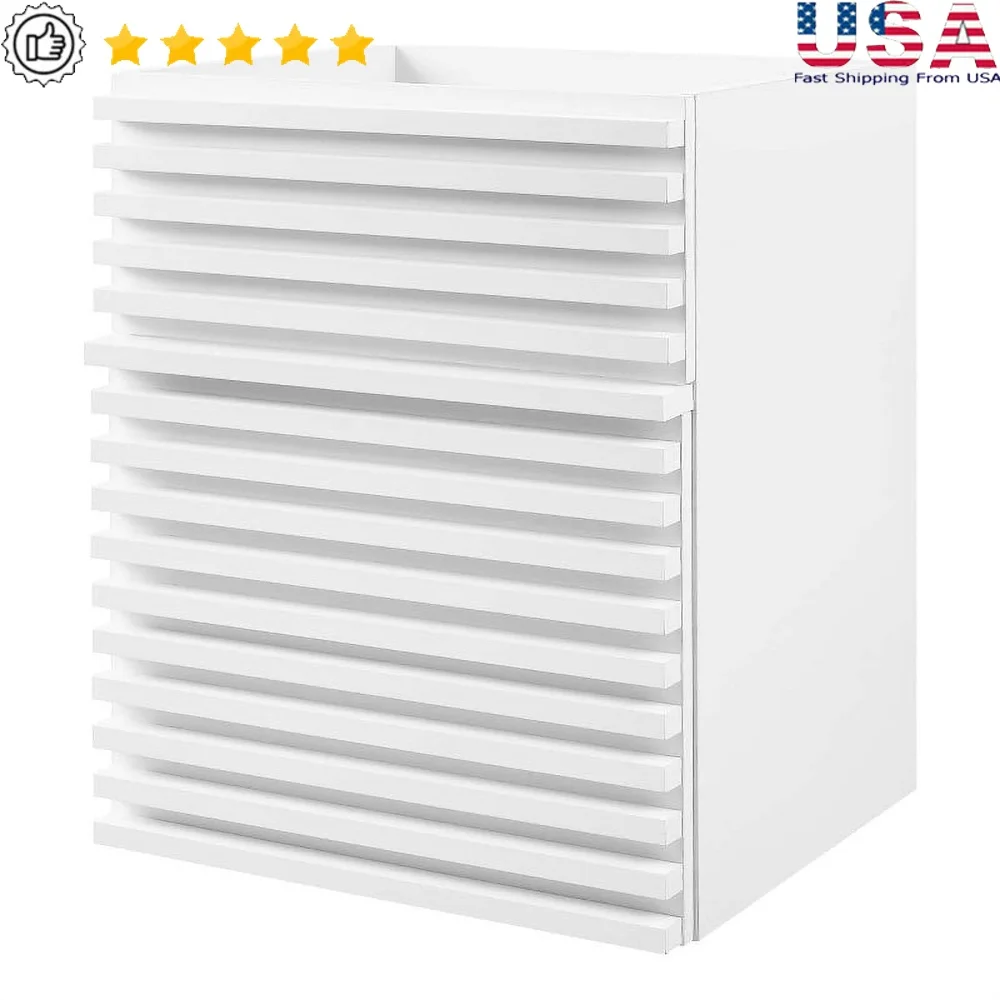 

Mid-Century Modern 18 Inch Wall-Mount Bathroom Vanity Cabinet MDF Particleboard Full-Extension Drawer Ceramic Sink Basin Drywall