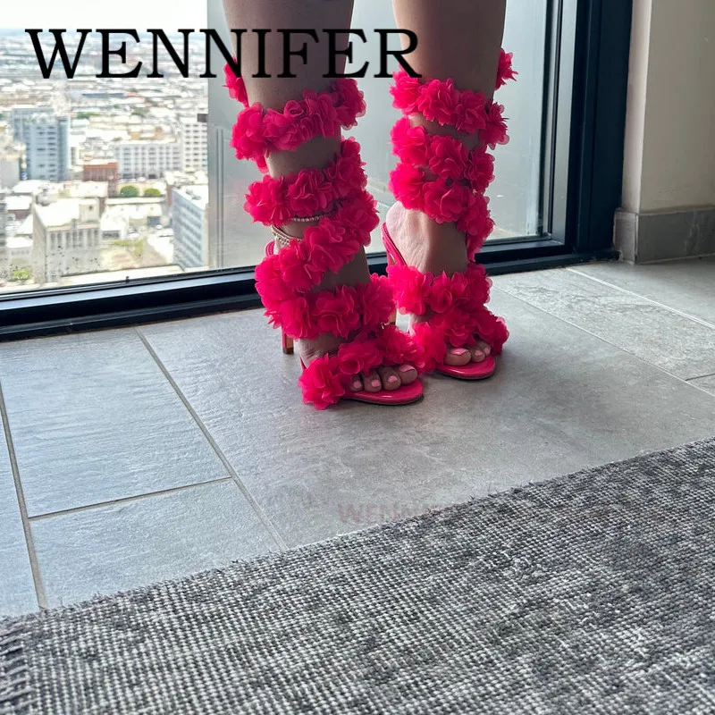 

Neon Red Around Flowers Sandals Open Toed Hight Stiletto Heeled Summer Boot Women Night Club Party Sling-Back Heel Ankle Sandal