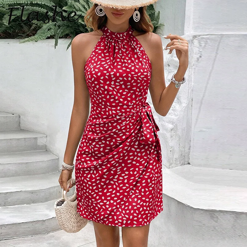 

Summer Sexy Halter Dress Women Sleeveless Bodycon Dresses For Women Fashion Dot Printed Mini Dress 2024