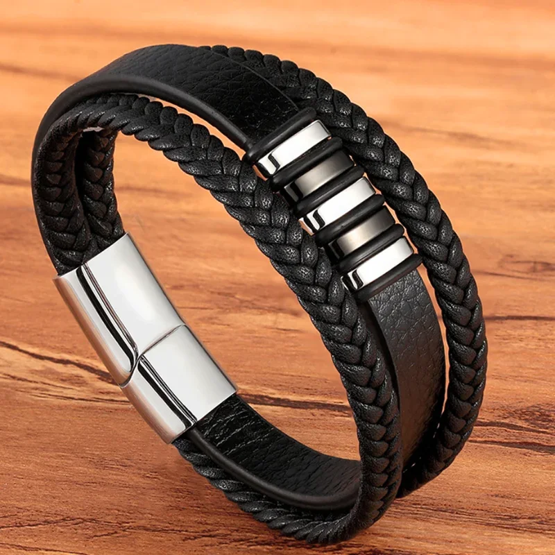 

Fashion Stainless Steel Charm Magnetic Black Men Bracelet Leather Genuine Braided Punk Rock Bangles Jewelry Accessories