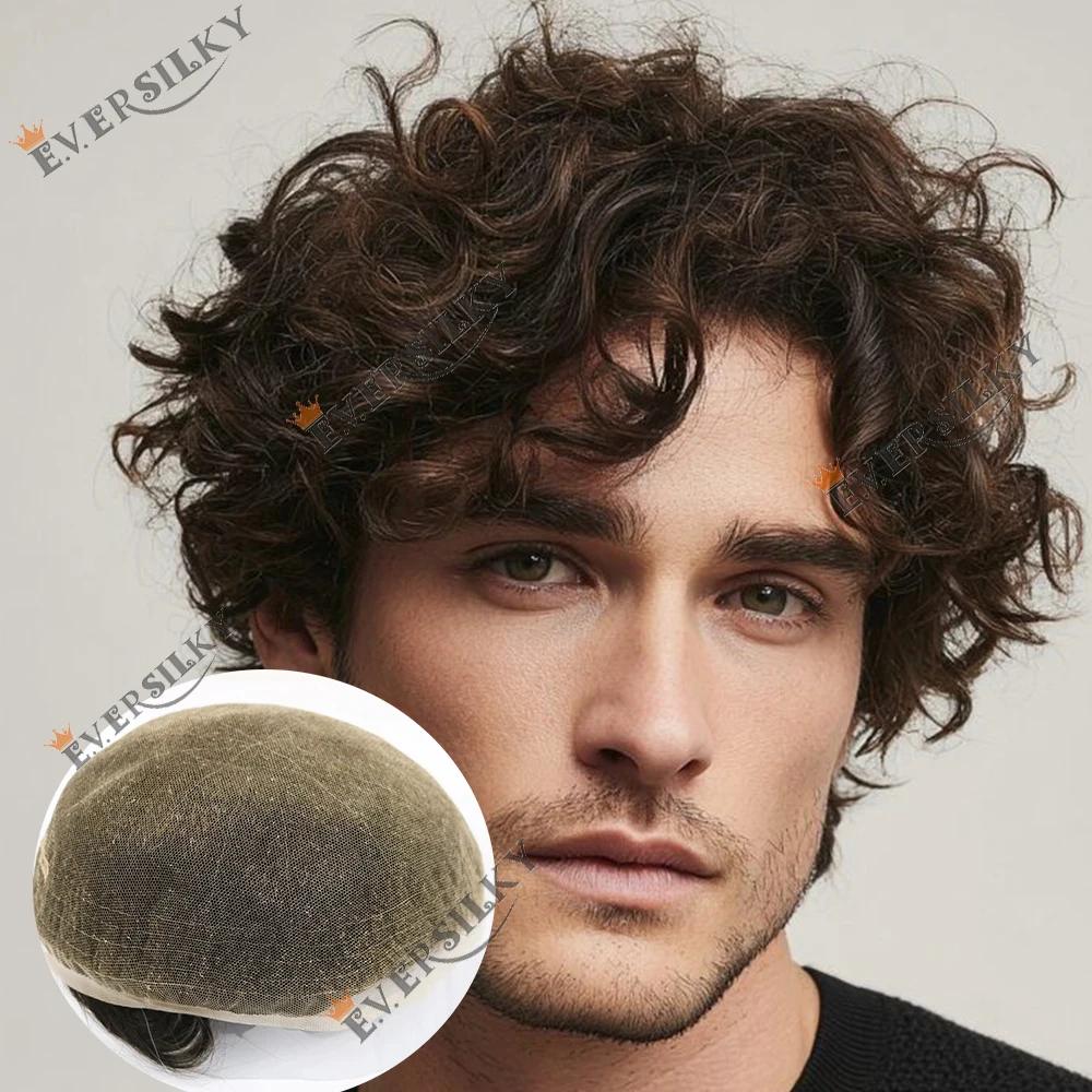 28mm Curly Invisible Full Swiss Lace Men's Hairpiece Breathable Bleached Knots Toupee Wig Blonde Brown Grey 1b65 100% HUman Hair