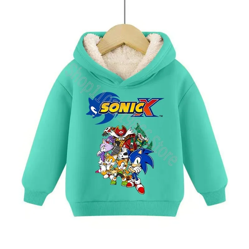 Sonics Boys Girls Winter Clothes Cute Kids Fleece Hooded Sweatshirt Warm Comfortable Cartoon Anime Print Streetwear Party Gifts