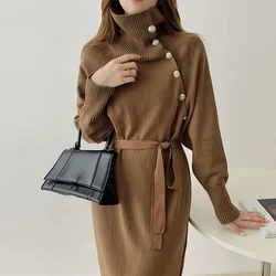 Coffee Chic Woolen Dress Women Turtleneck 2023 Winter Golden Button Long Sweater Dresses Autumn Lace-up Soft Knitwear Korean