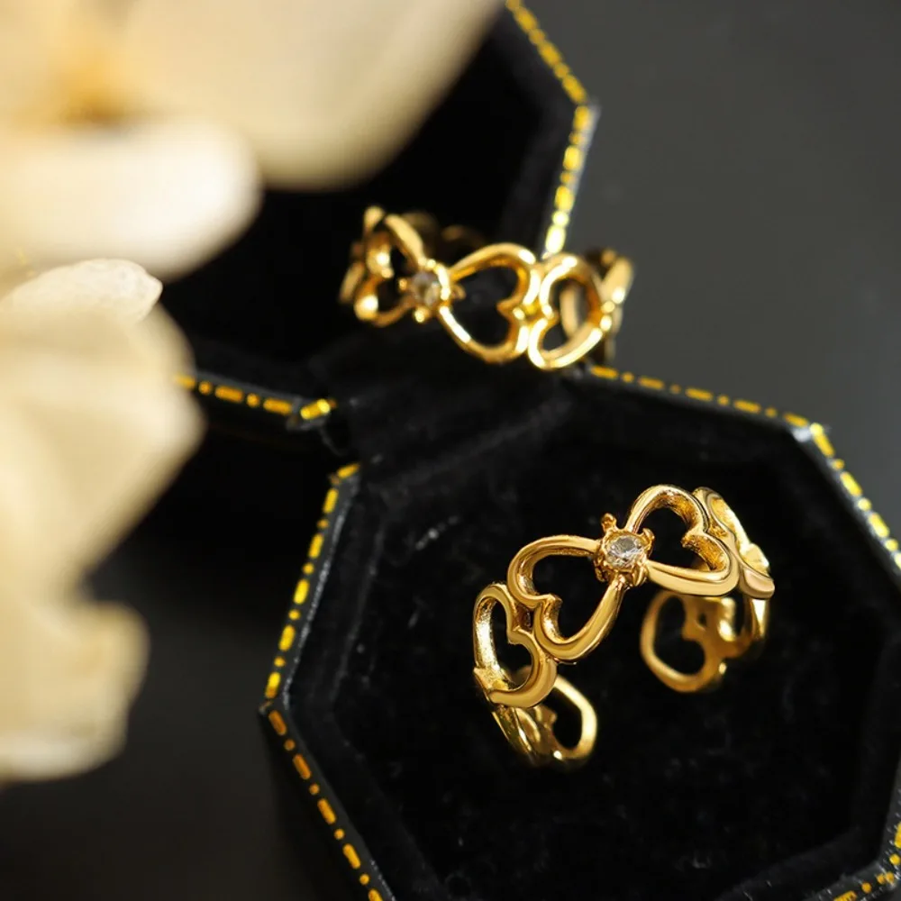

Versatile Temperament Double Heart Splicing Inlaid Zircon Adjustable Ring Ladies' Non Fading Jewelry Accessories